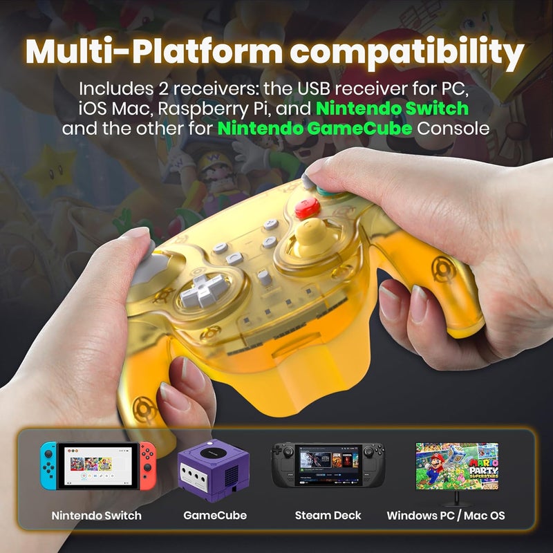 SAFFUN 2 Pack 2.4 GHz Wireless GameCube Switch2 Pro Controller, for NGC GameCube Console, Switch/Switch OLED/ Switch2, PC, Steam Deck, PC (Built-in Rumble) (Rechargeable) (Plug and Play) Clear Yellow - Image 5